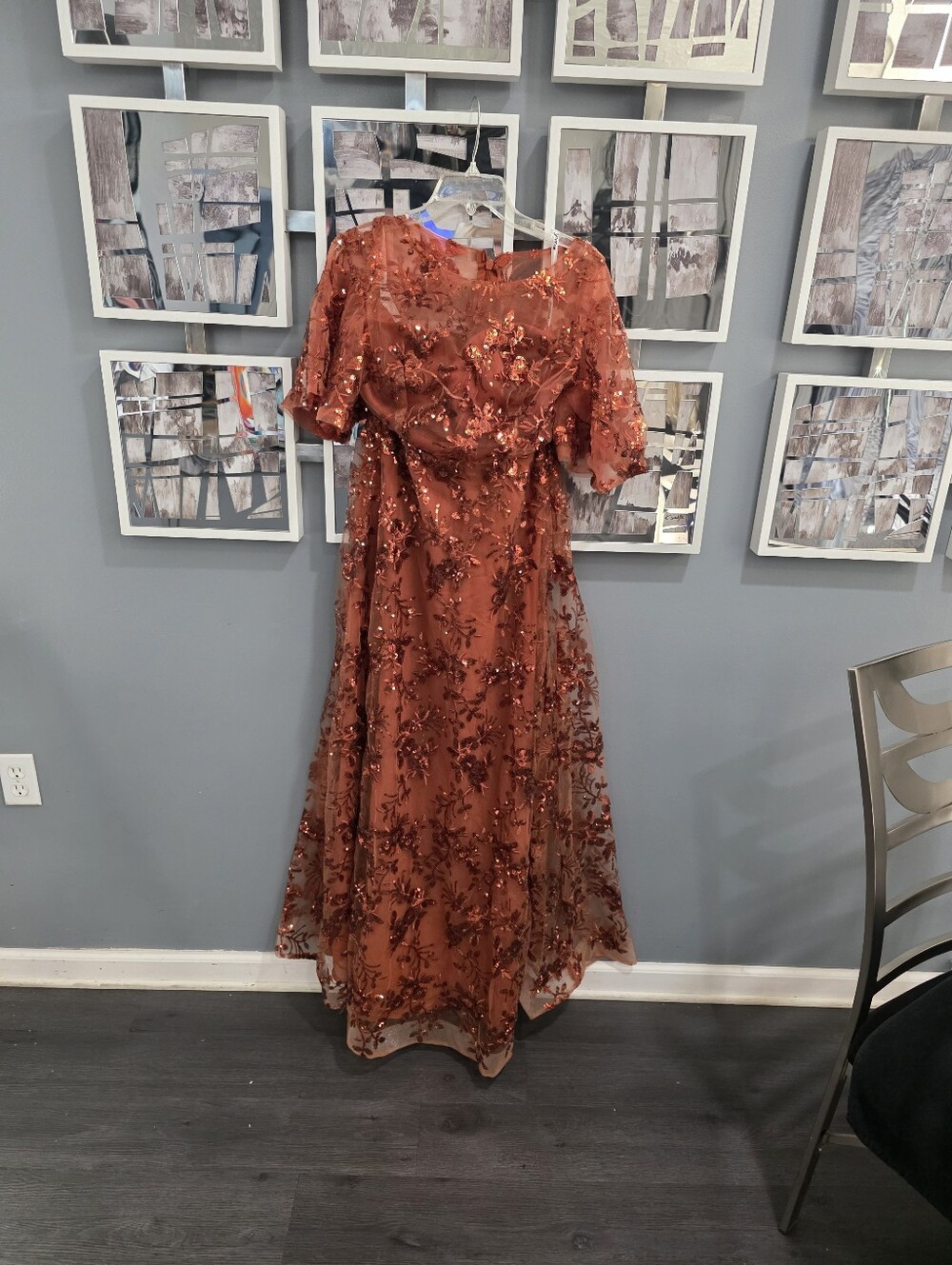 Rust Sequin Floral Evening Dress